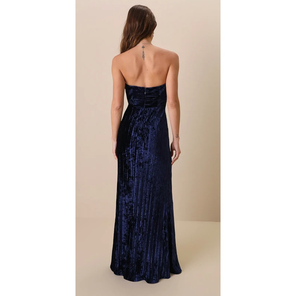 Lulus Navy Blue Velvet Pleated Strapless Classy Sensation Maxi Dress Size L - Picture 9 of 11